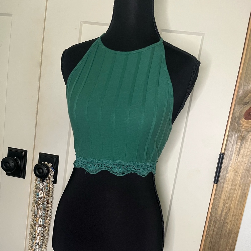 Free People Green Lace Trim Crop Tank Top Bralette Layering Boho Indie